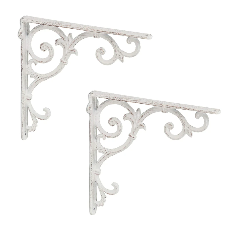 Relaxdays Set of 2 Shelf Brackets, Cast Iron, Rack Support, Vintage Motif, 24.5 x 4 x 24.5 cm, Angle for Shelves,White