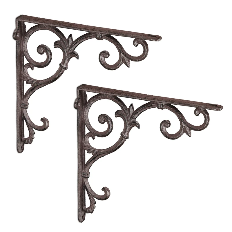 Relaxdays Set of 2 Shelf Brackets, Cast Iron, Rack Support, Vintage Motif, 24.5 x 4 x 24.5 cm, Angle for Shelves, Brown