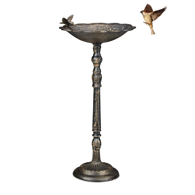 Relaxdays Bird Bath, Standing, Water Bowl, Frost-Proof, H x W x D: 74.5 x 37.5 x 35 cm, Cast-Iron, Bronze