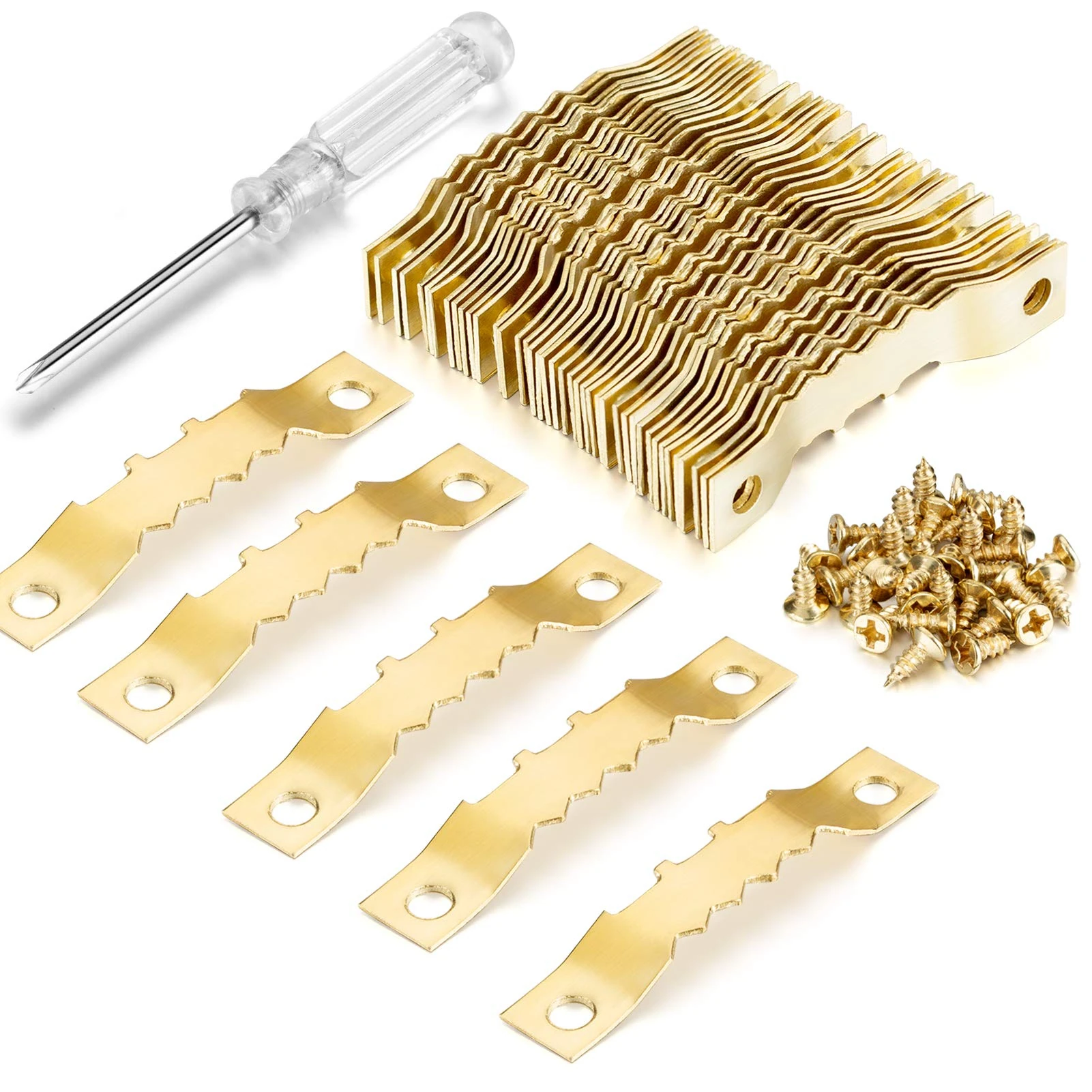 YHYZ Sawtooth Picture Frame Hangers Set with Screws, Sawtooth Photo Frames Holder + Screw + Screwdriver, for Painting Photos Artwork Clock Home Decoration (Gold (50 Sets))