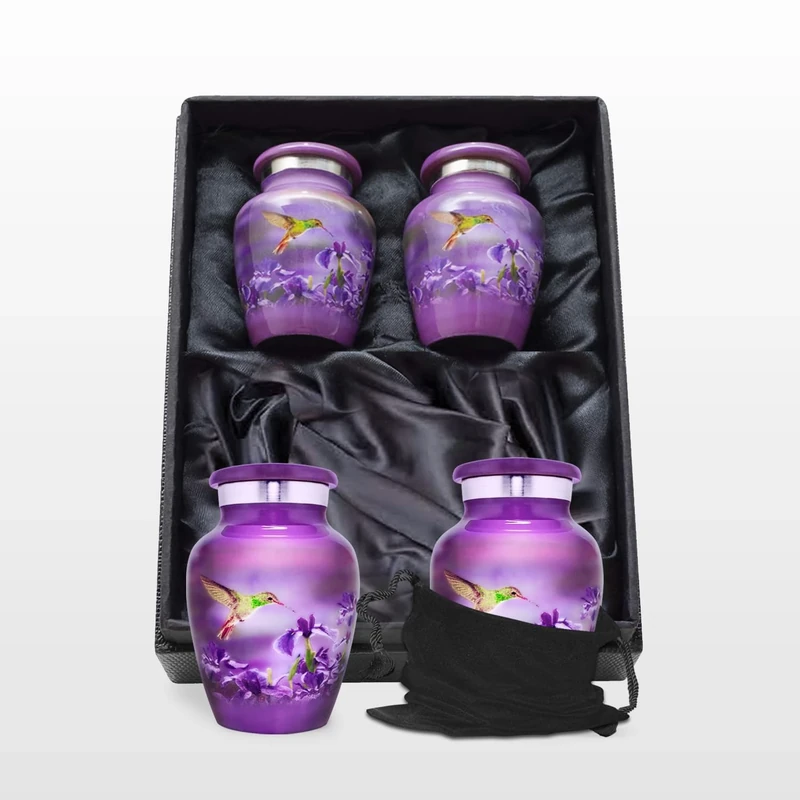 Trupoint Set of 4 Small Urns for Human Ashes Adult Male or Female - Holds 0.75 Lbs. Per Mini Urn, 2.75" x 1.75" Mini Cremation Urns, Keepsake Burial Urns with Case & Bags - Hummingbird