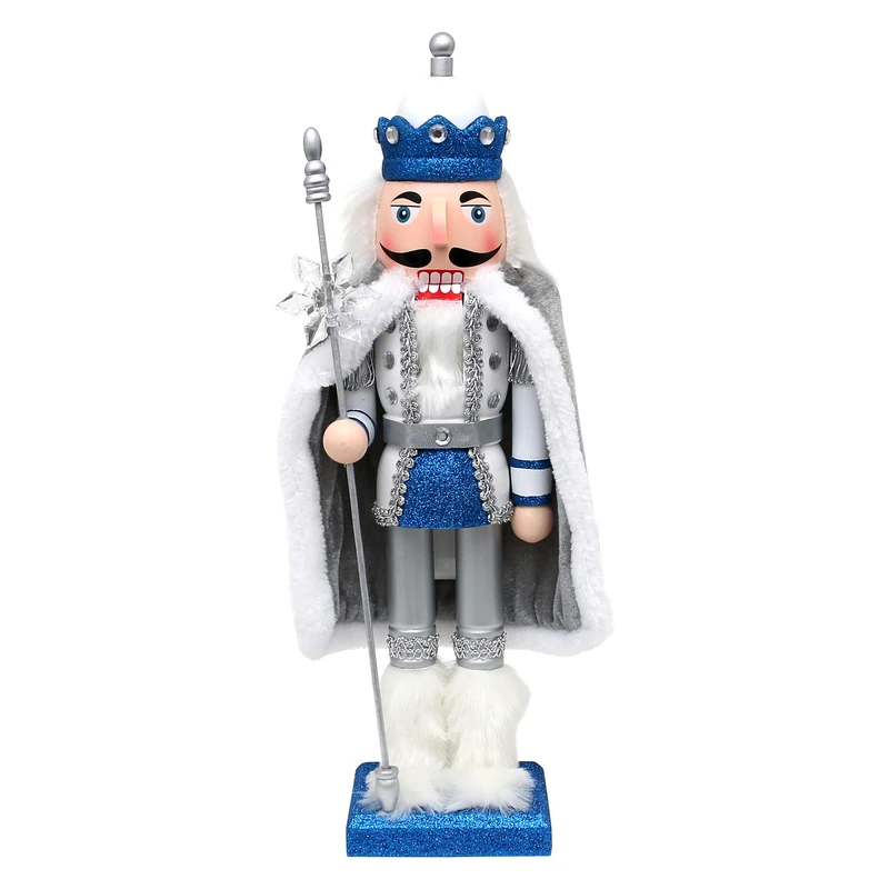 Dekohelden24 Wooden Nutcracker King in Silver/Blue/White, with Glitter and Fur Cloak, Dimensions (L x W x H): 10 x 8 x 38 cm, 38 cm
