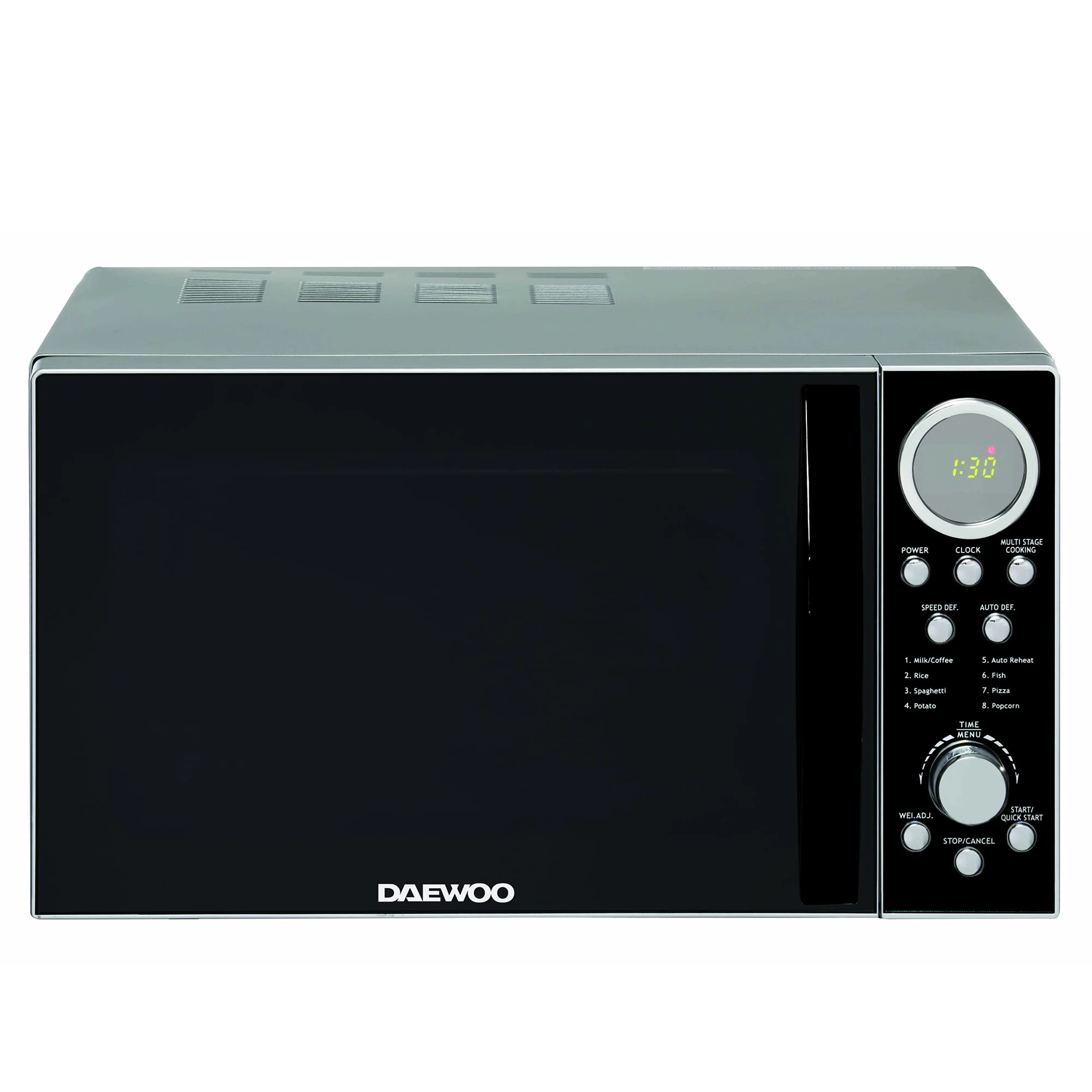 Daewoo 700W, 20L Digital Microwave | 5 Power Levels | Auto Defrost Function | 60 Minute Timer Dial with Cooking End Signal | Stylish Chrome Accent Features- Grey & Chrome