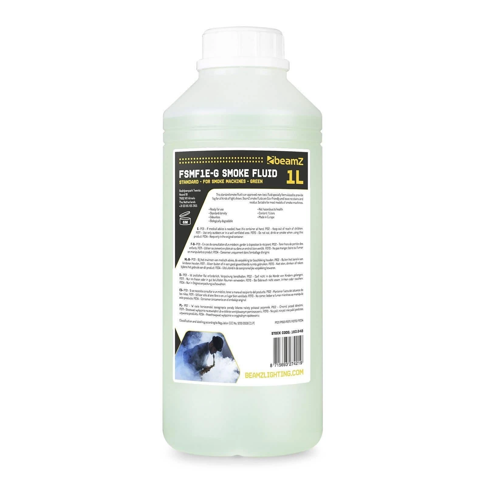 BeamZ 1L Eco Light Green Smoke Machine Fluid – Water-Based Fog Juice Liquid Bottle for DJ Events, Disco Effects, Halloween Parties, Non-Toxic Standard White Smoke Output