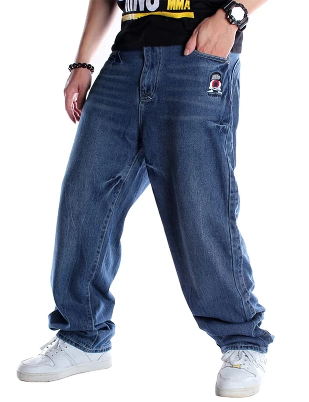 Ylingjun Mens Baggy Hip Hop Jeans Casual Loose Fit Embroidered Skateboard Denim Pants - Blue - 44