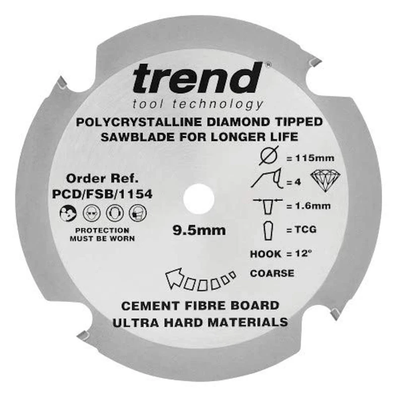 Trend PCD Fibre Cement Circular Saw Blade, 115mm Diameter, 9.50mm Bore, 4 Teeth, 1.6mm Kerf, +12° Hook, PCD, Coarse Finish, PCD/FSB/1154