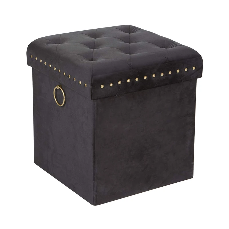 Inspire Me! Home Décor Anastasia Ottoman with Lux Metal Studs and Functional Handle Detailing, Classy Jet Black Soft Velvet, 40 x 40 x 43 cm, Gorgeous Tufted Design, Comfortable Seating Hidden Storage
