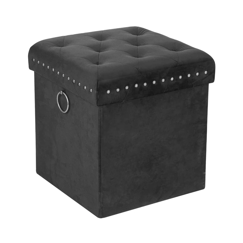 Inspire Me! Home Décor Anastasia Ottoman with Lux Metal Studs and Functional Handle Detailing, Classy Jet Black Soft Velvet, 40 x 40 x 43 cm, Gorgeous Tufted Design, Comfortable Seating Hidden Storage