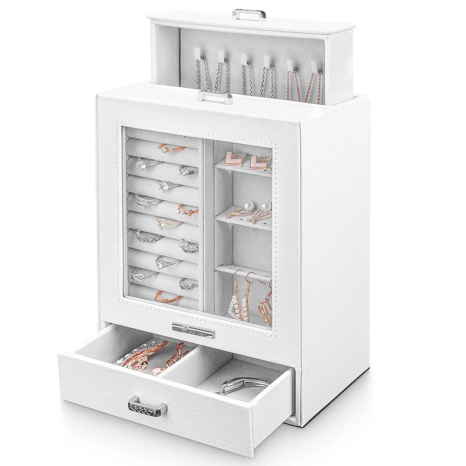 Yorbay Seelux jewellery box, jewellery box with 3 drawers, case with glass window, for necklaces, rings, bracelets, earrings (White)