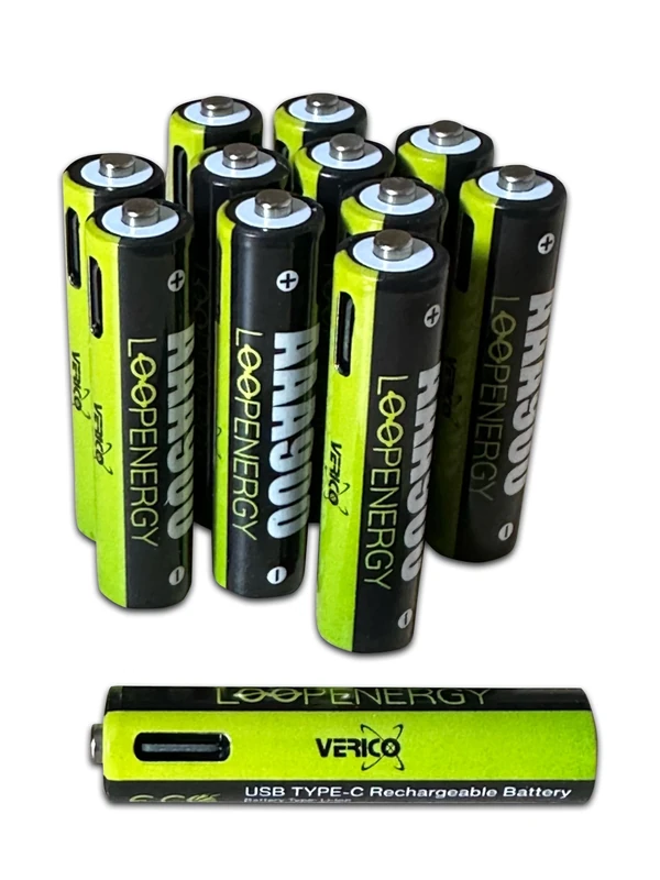 VERICO LoopEnergy AAA 900 Rechargeable USB-C Battery AAA 1.5 V 900 mWh (600 mAh) Li-Ion, Quick Charge via USB-C Connection in Approx. 2 Hours, Pack of 12 AAA, 3 Pieces USB -A to 4 x USB-C Cable