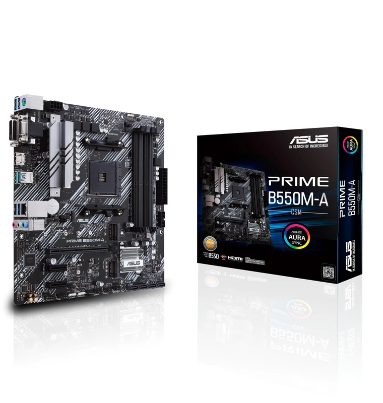 ASUS AMD B550 (Ryzen AM4) micro ATX motherboard with dual M.2, PCIe 4.0, 1 Gb Ethernet, HDMI/D-Sub/DVI, SATA 6 Gbps, USB 3.2 Gen 2 Type-A, and Aura Sync RGB headers support