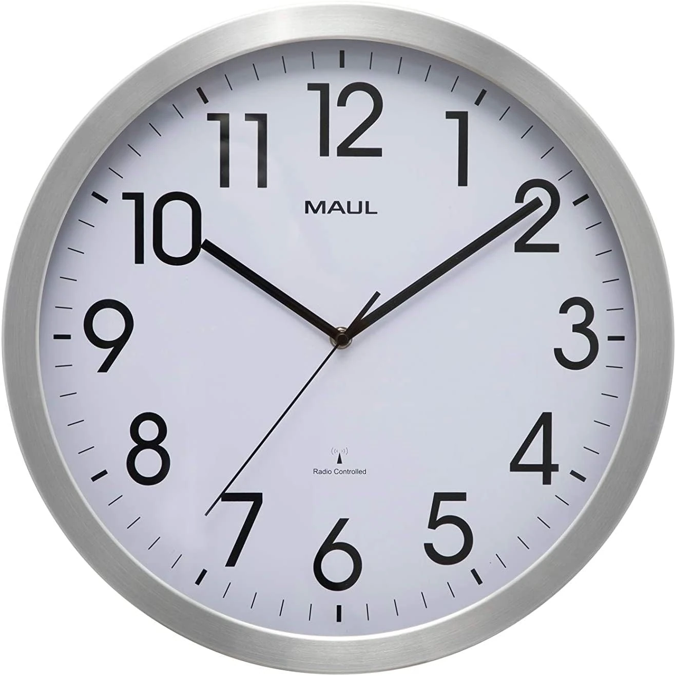 Maul MAULmove Radio Wall Clock Diameter 40 cm Elegant Wall Clock Made of Mineral Glass Automatic Time Setting Sturdy Aluminium in Modern Design for Office and Indoor Use Silver