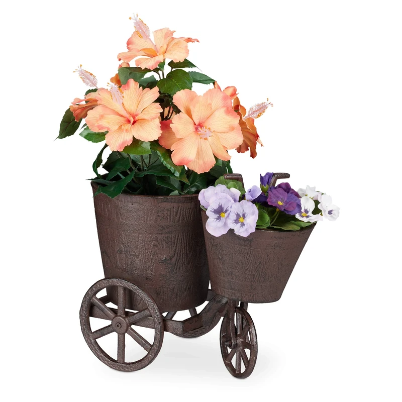 Relaxdays Decoration Bicycle, 2 Planters, for Gardening, Cast Iron Tricycle, Flower Stand, 26x18x32 cm, Brown