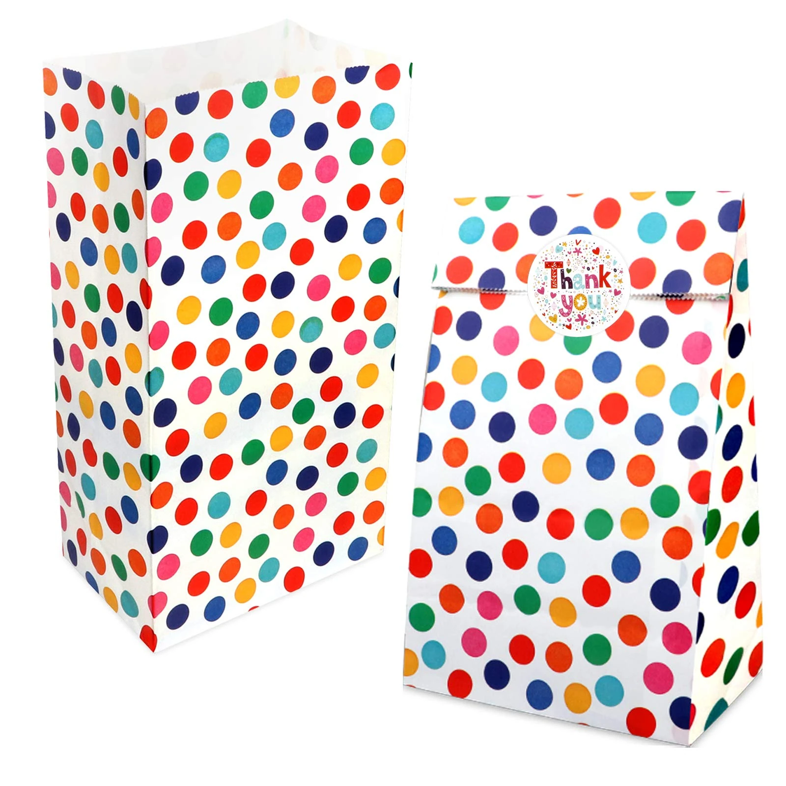 AUERVO 30pc Rainbow Dots Party Bags - Kraft Treat Gift Bags With 32pc Thank You Stickers