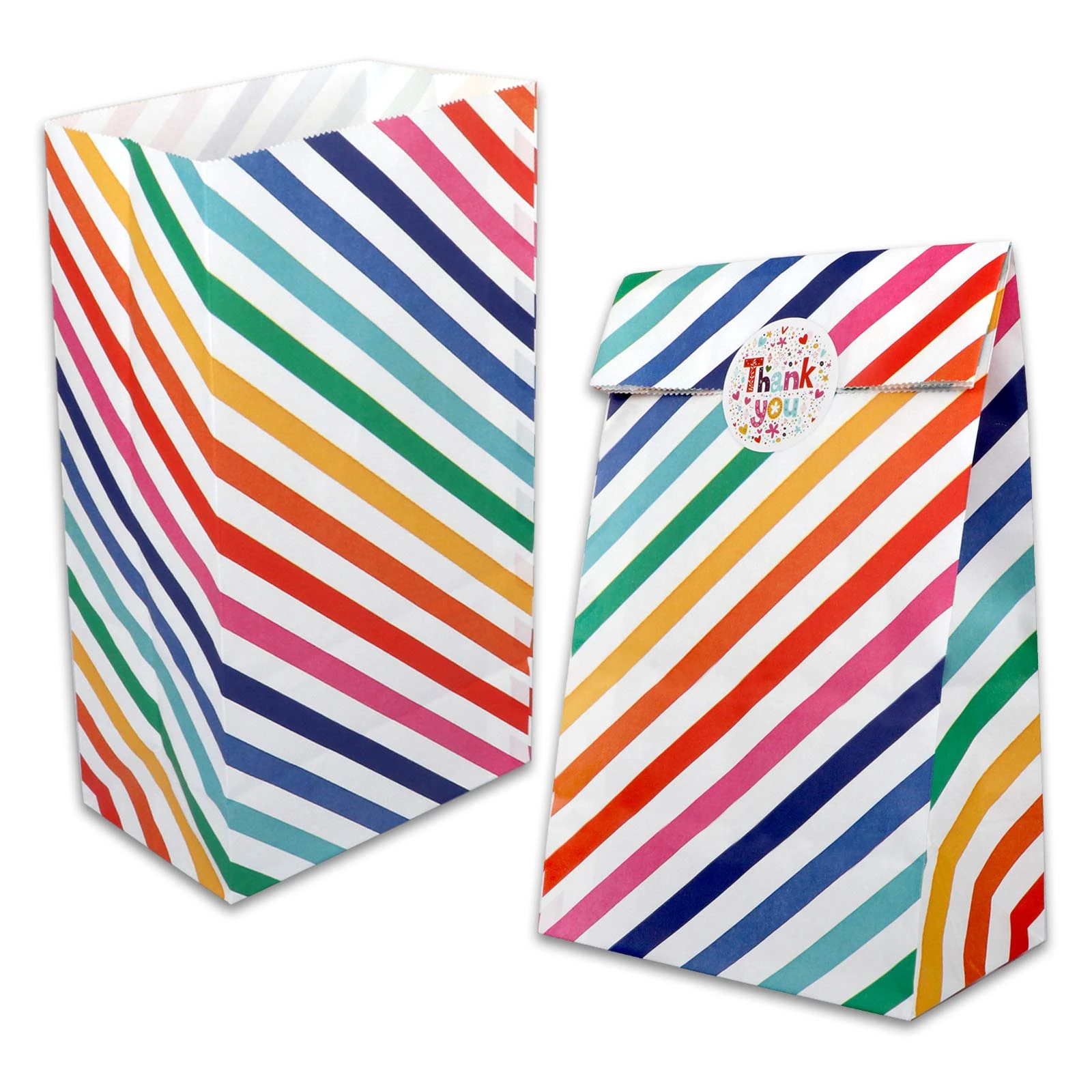AUERVO 30PCS Rainbow Stripe Kraft Paper Candy Bags, Grocery Goodie Gift Treat Bags With Thank You Stickers for Birthday Wedding Valentines' Day Sweets Gifts Favour 5" X 9"