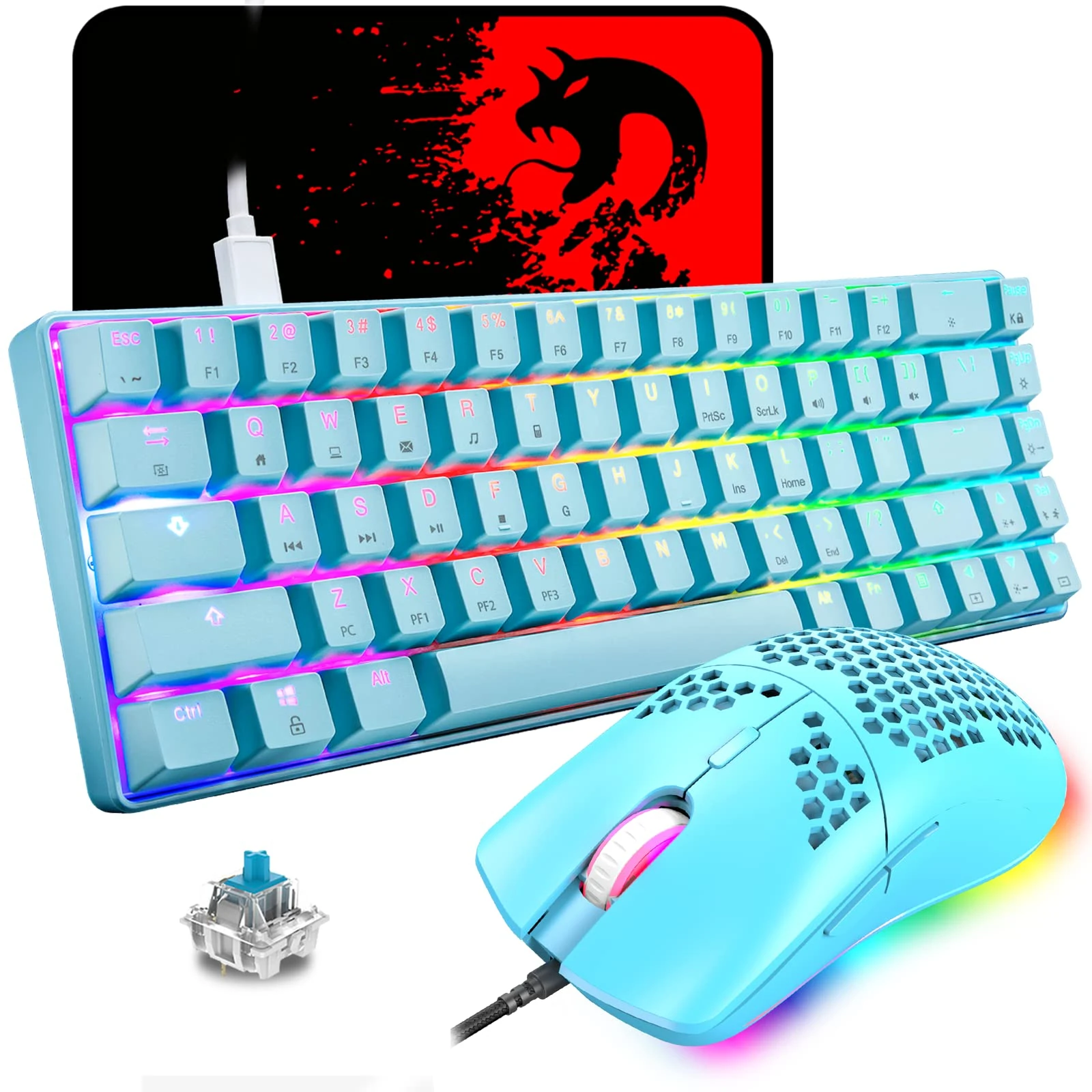 Mechanical Keyboard and Mouse Gaming, 60% 68 Key RGB Backlit Light Up Gaming Keyboard Wired USB C & Gaming Mouse 6400 DPI PC Mice & Mouse Pad Compatible With PS4,PS5,PC,Laptop - Blue/Blue Switch