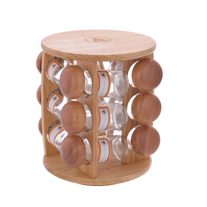 LAGUIOLE - Spice Dispenser Rack of 12 Glass Pots - Transparent Storage of Herbs - Wooden Lid - 10 cl - Wood, Glass - Brown