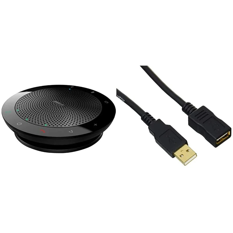 Jabra Speak 510 Speaker Phone - Microsoft Certified Portable Conference Speaker with Bluetooth Adapter and USB & Amazon Basics USB 2.0 A-Male to A-Female Extension Cable (2 m / 6.5 Feet)