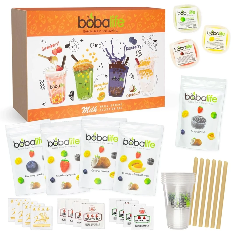Bobalife Bubble Tea Kit Milk Selection - 12 Drinks, 4 Flavors: Strawberry, Coconut, Honeydew, Blueberry - Boba Tea Set with Tapioca & Popping Pearls, Vegan, Gluten Free