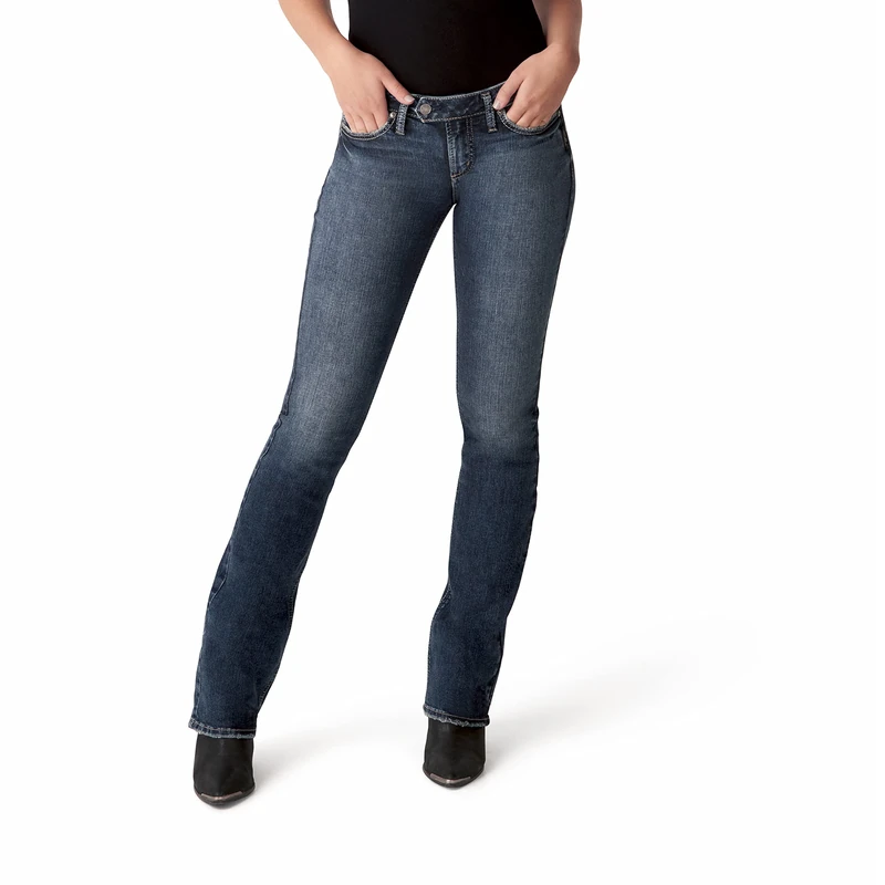 Silver Jeans Co. Women's Tuesday Low Rise Slim Bootcut Jeans, Dark Button Tab, 36W x 33L