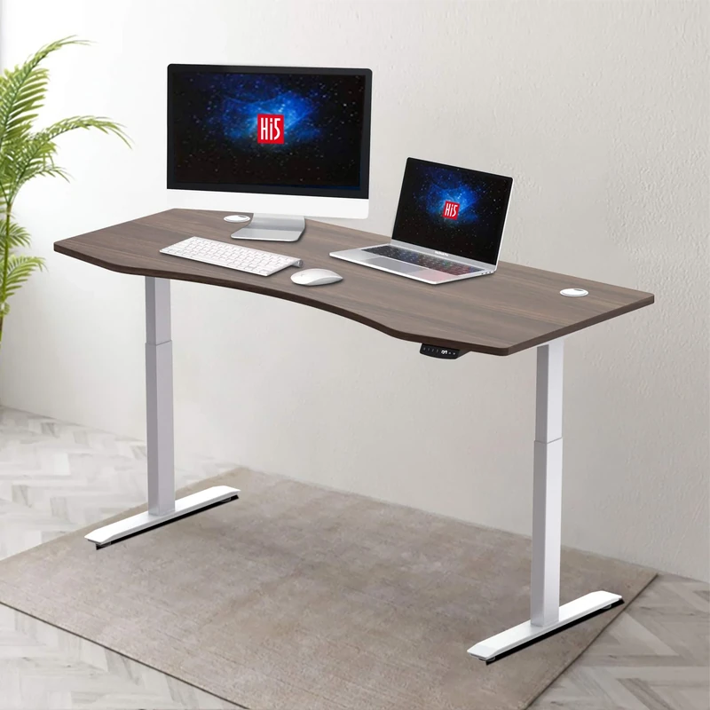 Hi5 150x78cm Height Adjustable Office, Electric, Sit Standing Desk, Computer Workstation, Walnut, White L Frame, 1030110310