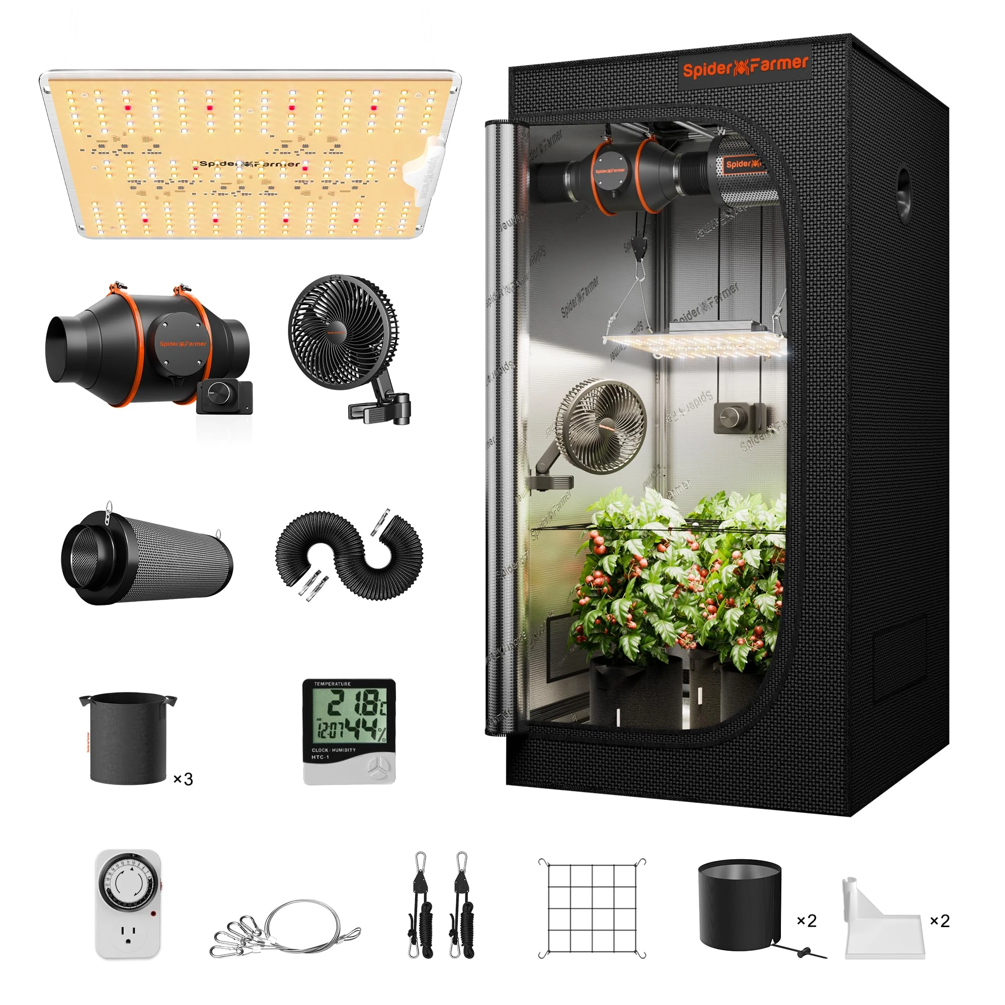 Spider Farmer SF1000D Grow Tent Kit - 2x2x5ft, Samsung Diodes, 1680D Canvas, 4" 205CFM Fan, Carbon Filter