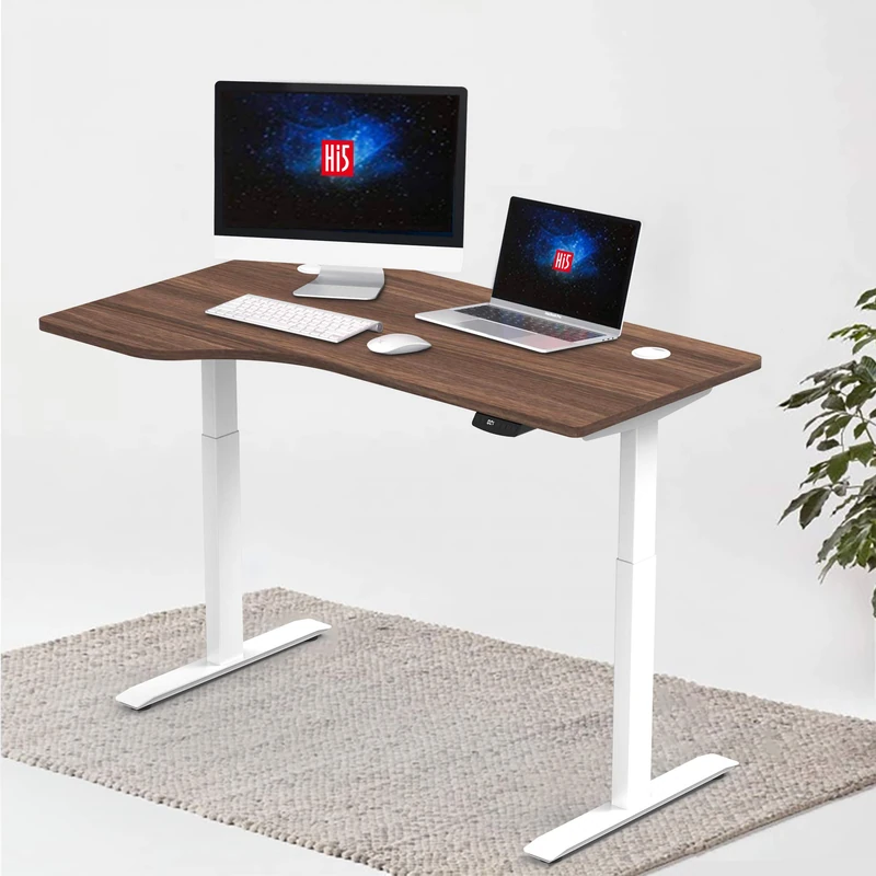 Hi5 Walnut 3D Left Handed L Shaped Electric Height Adjustable Sit Standing Desk W/ 3 Memory Height Preset Automatic Control w/EW 140 * 83cm(UK Plug)