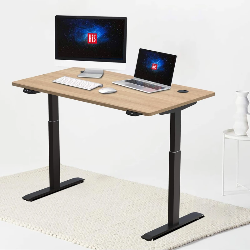 Hi5 Height Adjustable Office, Electric, Sit Standing Desk, Computer Workstation, Oak&Black, Black E Frame