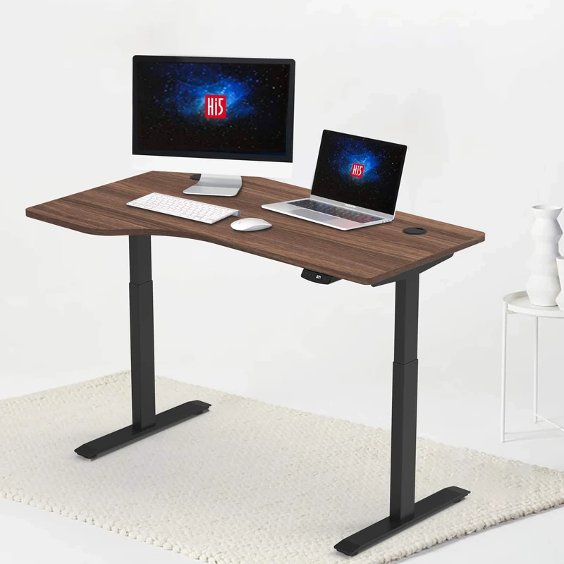 Hi5 Height Adjustable Office, Electric, Sit Standing Desk, Computer Workstation, Walnut&Black, 140x83cm