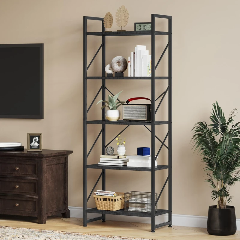 YITAHOME Bookcase 5 Tiers, Floor Standing Book Shelf, Wooden Shelf and Metal Frame Book Rack, Display Storage Rack Shelving Units for Living Room, Home Office - Black Bookshelf