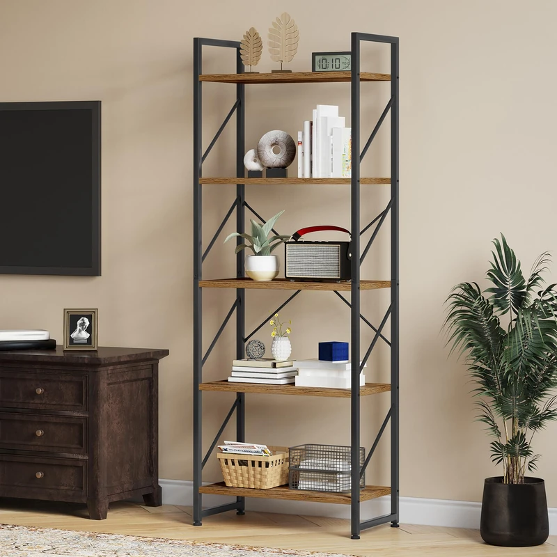 YITAHOME Bookcase 5 Tiers, Floor Standing Book Shelf, Wooden Shelf and Metal Frame Book Rack, Display Storage Rack Shelving Units for Living Room, Home Office - Rustic Brown Bookshelf