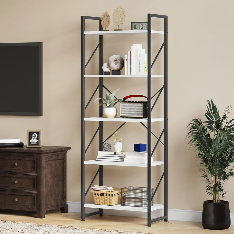 YITAHOME Bookcase 5 Tiers, Floor Standing Book Shelf, Wooden Shelf and Metal Frame Book Rack, Display Storage Rack Shelving Units for Living Room, Home Office - White Bookshelf