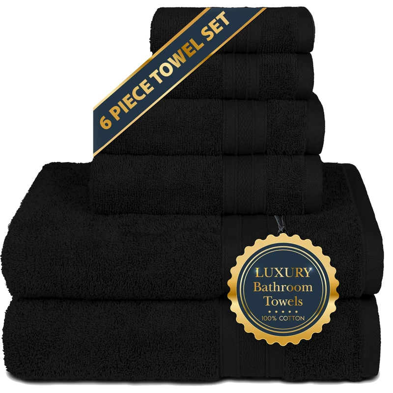 Trident Towels -100% Cotton, 6 Piece Set - 2 Bath Towels, 2 Hand Towels, 2 Washcloths, 500 GSM, Highly Absorbent, Super Soft, Towels For Bathroom, Shower - Soft & Plush, Black (Set of 6)