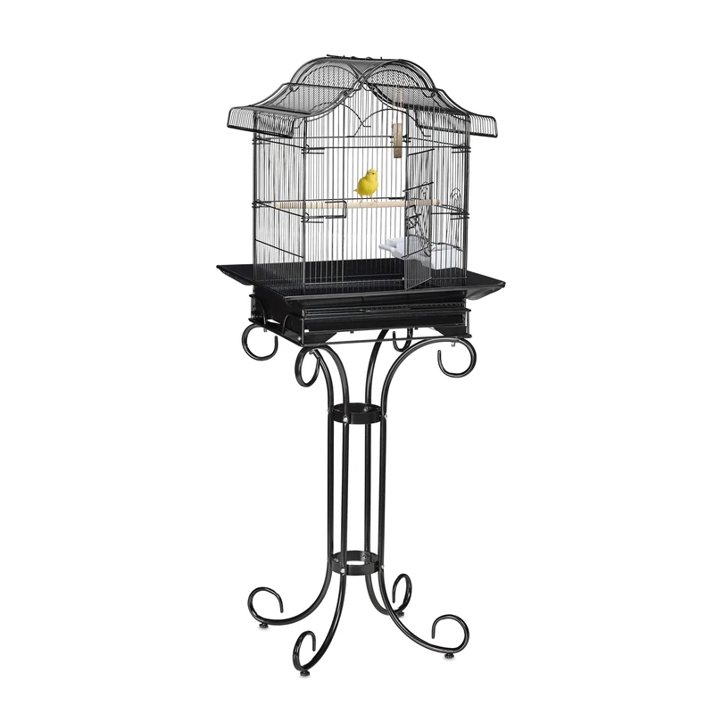 Relaxdays Bird Cage, Birdcage with Stand, Canaries, Finches, Perch, Feeding Bowl, H x W x D 146.5 x 55 x 50 cm, Black