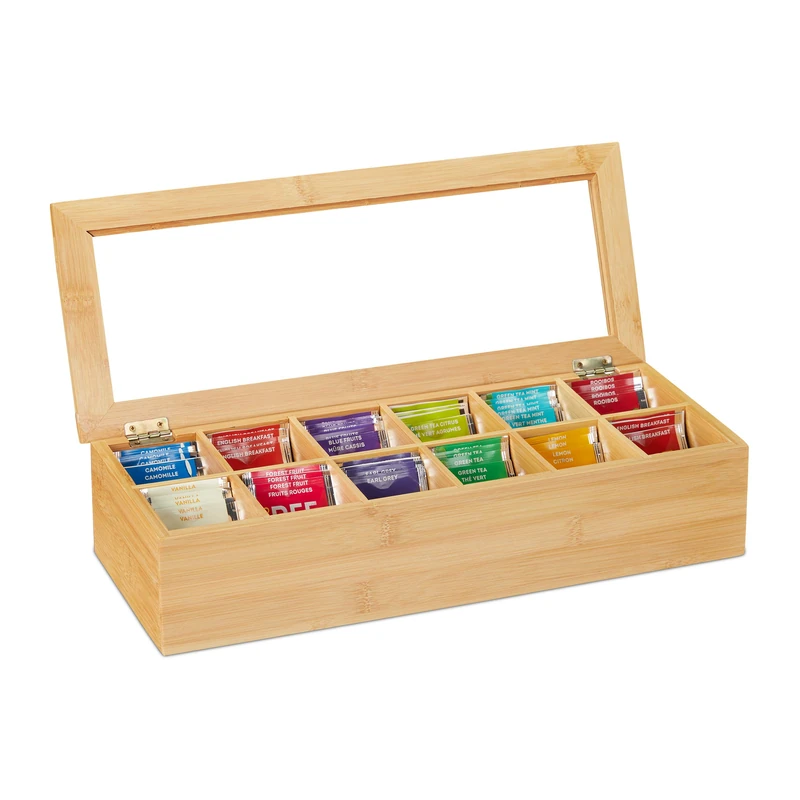 Relaxdays 10032113 Tea Box, 12 Compartments, Organiser Chest, H x W x D: 9 x 41 x 16 cm, Bamboo, Natural, Plastic