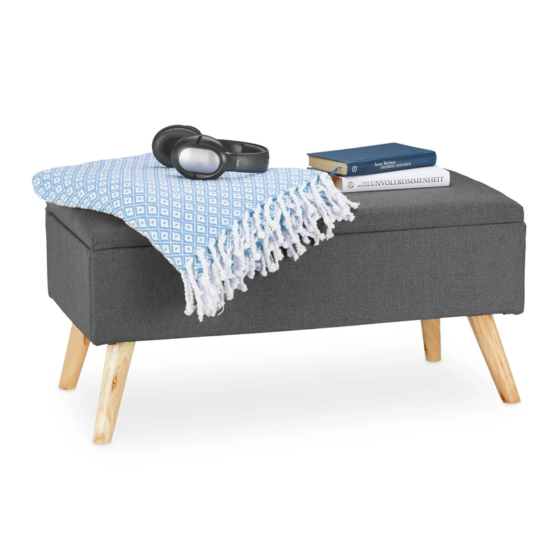 Relaxdays Hallway Storage Bench, Padded, Wooden Legs, Fabric Cover, HxWxD: 39.5 x 79.5 x 39.5 cm, Grey, Fibreboard