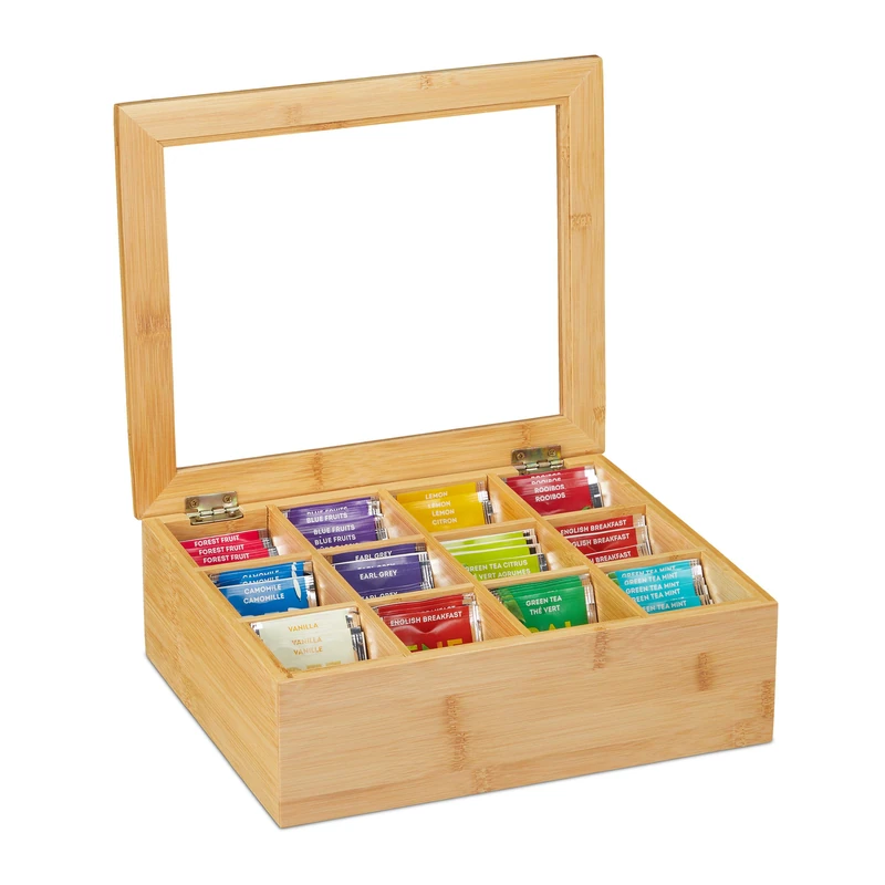 Relaxdays Tea Box, 12 Compartments, Organiser Chest, H x W x D: 9 x 28 x 23 cm, Bamboo, Natural