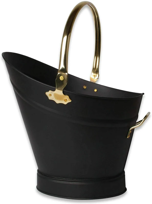 Heavy Duty Metal Fireside Waterloo Bucket Fireplace Hod Scuttle Coal Fuel Ash Wood Log Storage Option with Shovel and Poker (Black & Brass)