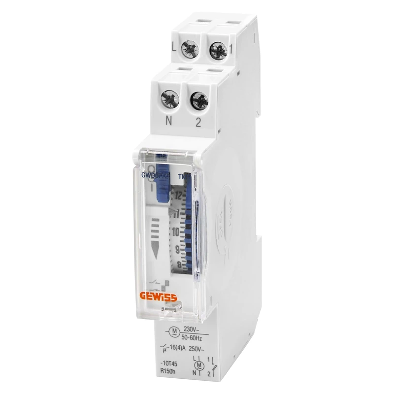 GEWISS GWD6772 24h Analog Time Switch - 1 x NA Contact - 16A/230Vca - 1 x DIN Module - with Battery for Power Outages