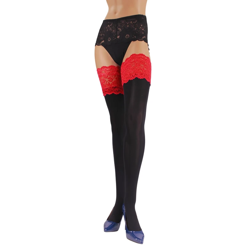 Ladies Deep Lace Top Hold-Ups 100 Denier Plus Size Double Silicone Band (M/L, Black(Red))
