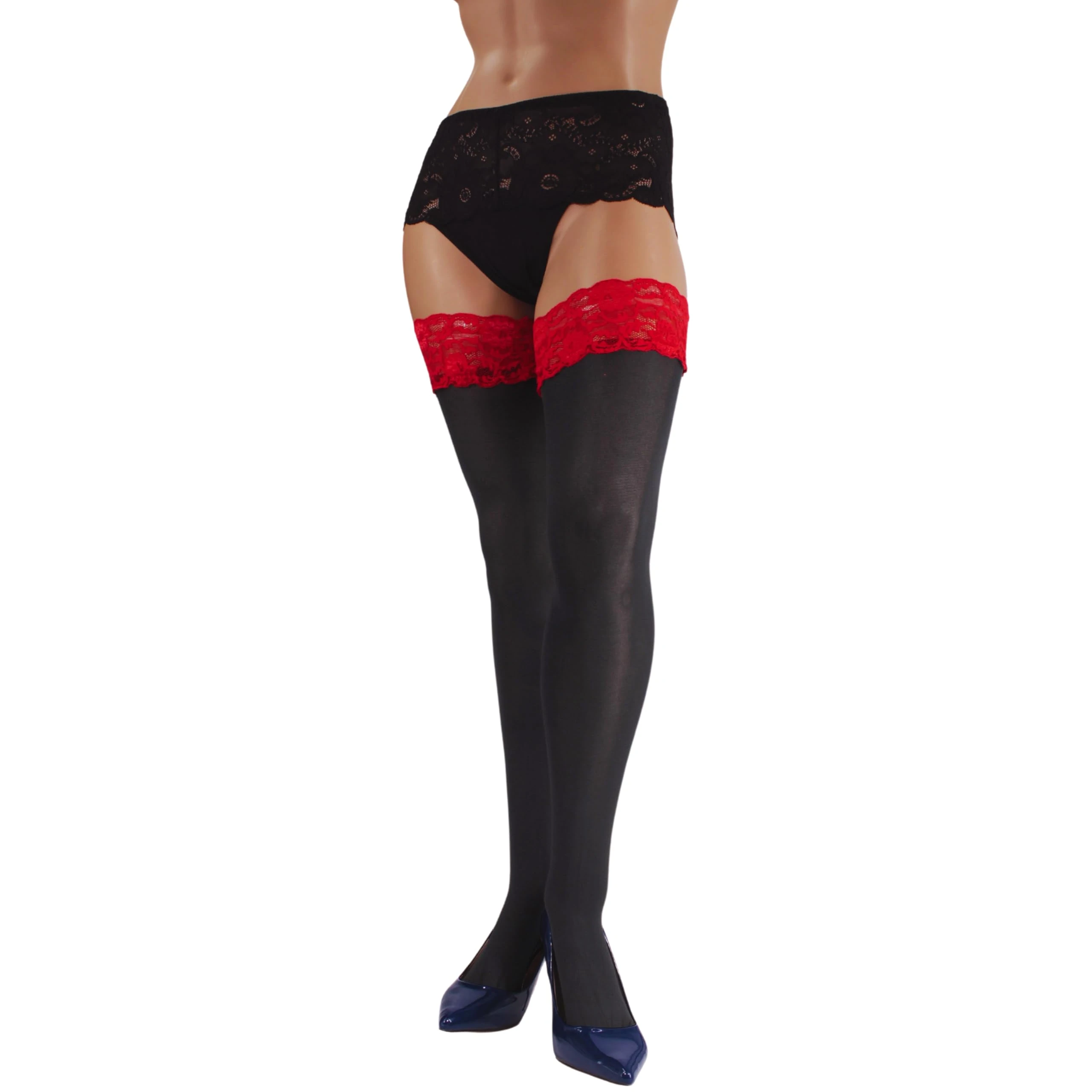 Ladies Semi-Opaque Thigh High Women Hold-Ups, Silicone Lace Top Microfiber – 40 Denier (XL/XXL, Black(Red))