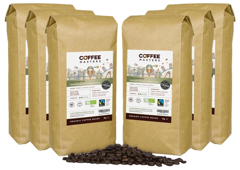 Coffee Masters Colombian Organic Coffee Beans 6x1kg - Fairtrade, Single Origin, 100% Arabica - Light Roasted Whole Bean, Ideal for Espresso Machines - Great Taste Award Winner