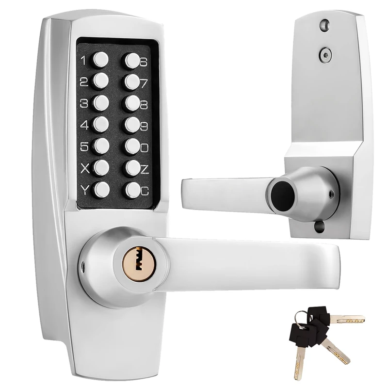 MX600 Mechanical Push Button Lever Lock, 60mm 2 3/8" Backset Latch, 13 Digit Keypad, Keyless Entry Commercial & Residential, Fits Standard 2 1/8" Pre-Drilled Holes, Satin Chrome
