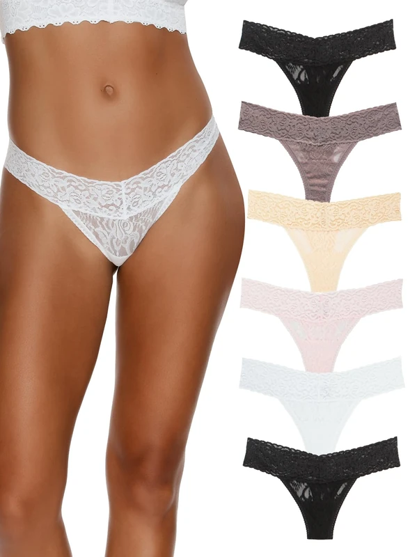 Felina | Signature Stretchy Lace Low Rise Thong 6-Pack (Neutrals, S/M)