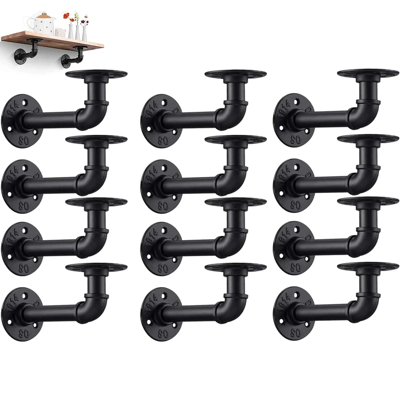 Industrial DIY Pipe Shelf Brackets,Vintage Black Iron Wall Mount Pipe Shelving Bracket, Rustic Home Pipe Shelf, 12 Pack