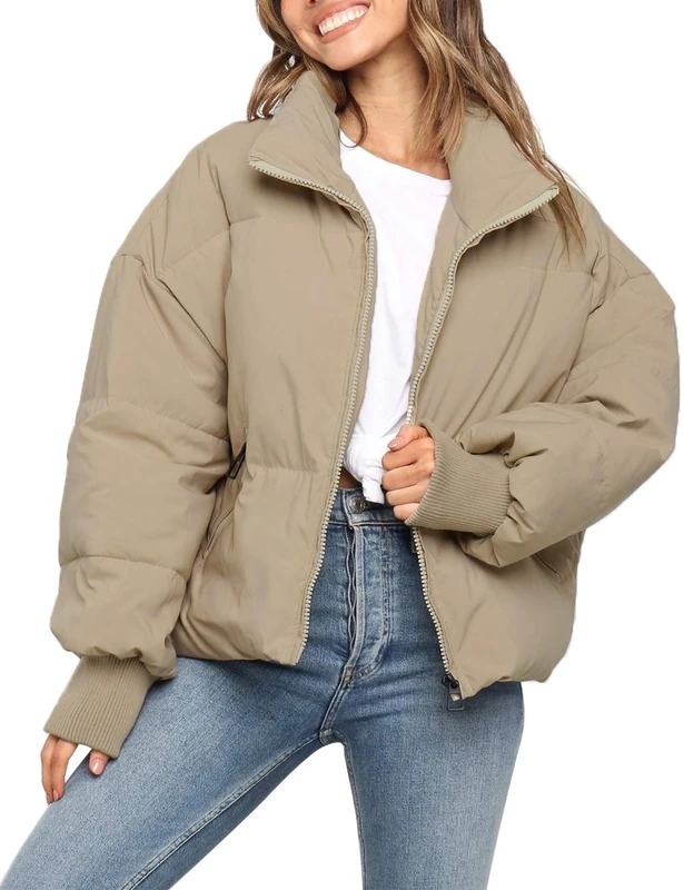Merokeety Women's Winter Long Sleeve Zip Puffer Jacket Pockets Baggy Short Down Coats, Khaki, M