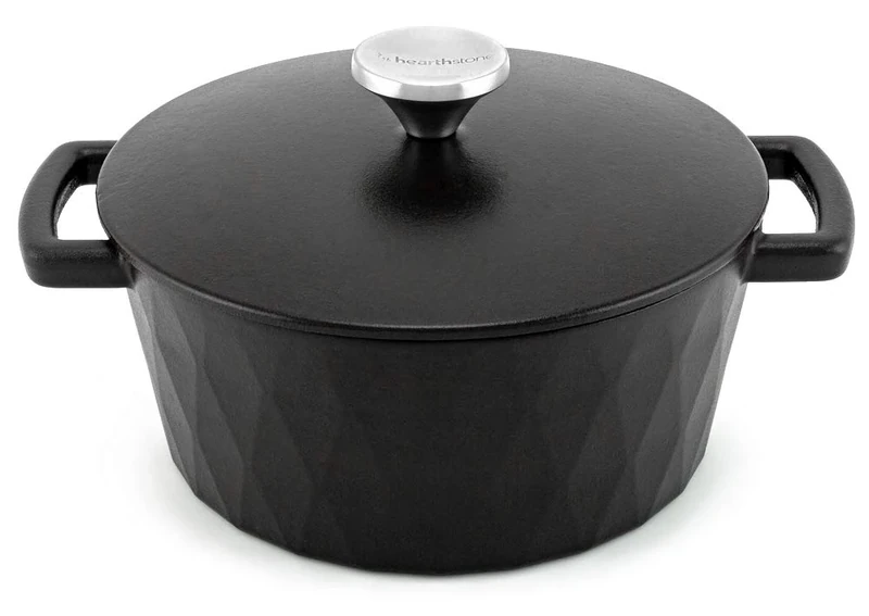 HearthStone Cookware - Satin Black Enamelled Cast Iron Diamond Peach, 24 cm, 3.3 L. for All Surfaces Including Induction and Oven.