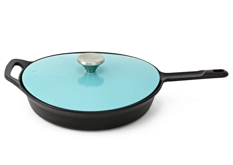 HearthStone Cookware - Pearl Enamelled Cast Iron Frying Pan with Lid, Turquoise, 26 cm. for All Surfaces Including Induction and Oven.
