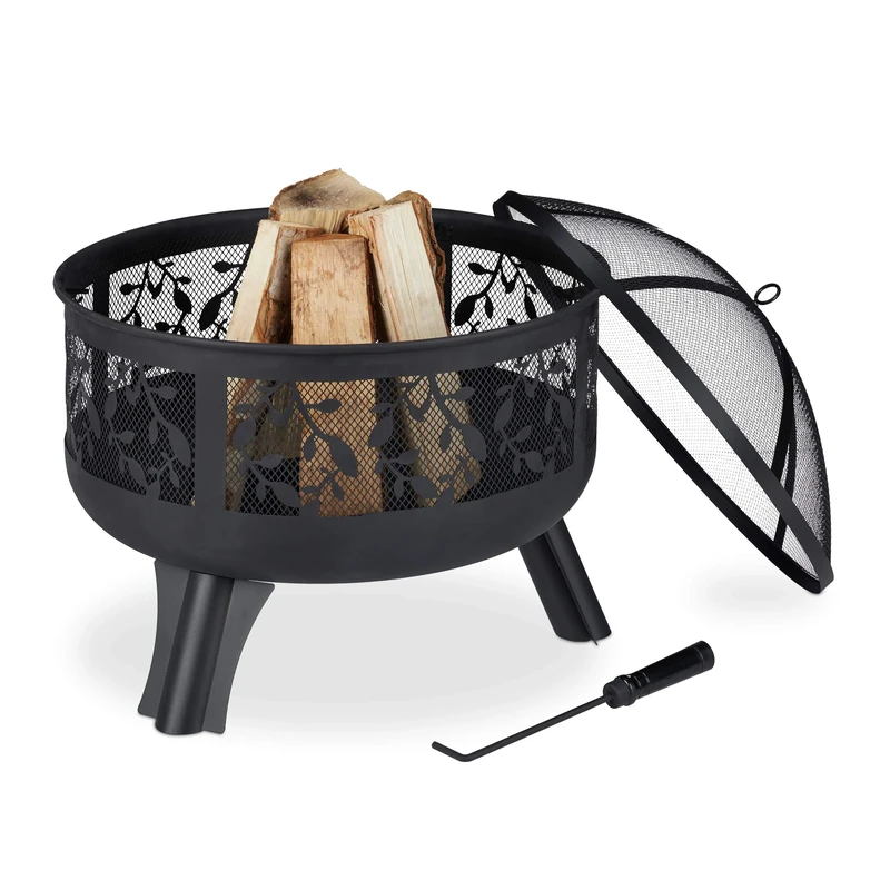Relaxdays Fire Bowl, Spark Guard, Poker, Garden & Terrace, Outdoor, HxD: 60 x 60 cm, Steel, Black