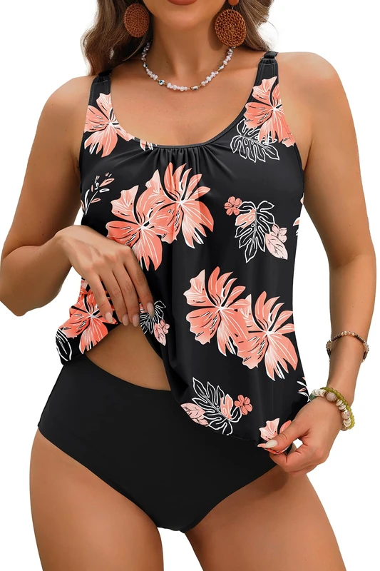 Yonique Two Piece Blouson Tankini Swimsuits for Women Modest Bathing Suits Loose Fit Swimwear, Pink Orange, X-Small